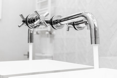 Chrome water jet faucet set into a wall to wall mirror