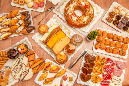 Set of plates with desserts, chocolate palm trees, sweet and savory filled croissants, sponge cakes...