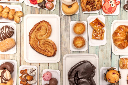 Set of white cardboard trays with sweets, desserts and chocolate palm trees, muffins, chocolate...