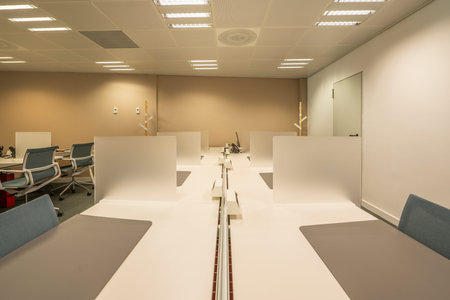 Cubicles in coworking office with table dividers, cable rails, carpet floors, technical ceilings and...