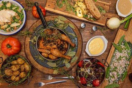 Superb charcoal grilled chicken surrounded by spices, wrinkled potatoes, salads, farmhouse tomatoes with spring onions and rice with peasの写真素材