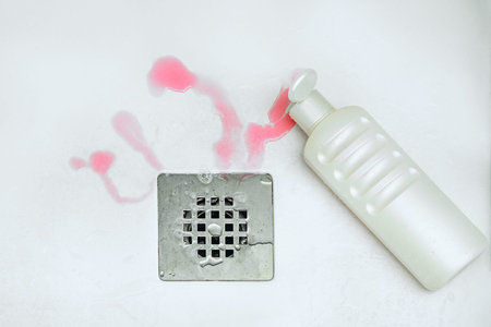 A shampoo bottle lying on a shower tray pouring its contents near the drain