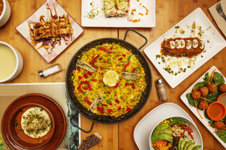 Spanish tapas recipes with a fish paella in the center, healthy salads, croquettes and assorted toastsの写真素材