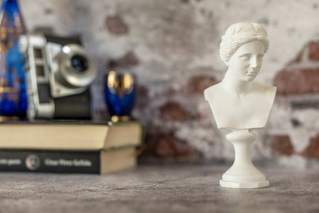 Small bust of classical Greek figure on gray background with half bare bricks on the wall and other blurred decorative objectsの写真素材