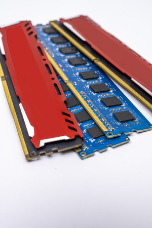 Various mixed ram memory modules of various capacities on a smooth white surfaceの写真素材