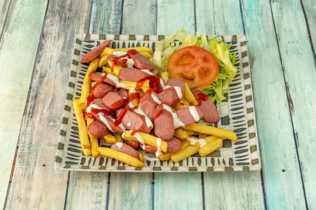 Salchipapa is a fast food consisting of fried slices of sausage and French fries, popular in Latin Americaの写真素材