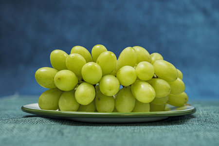 bunch of white italian dessert grapes. Image with various shades of green and turquoise blue for backgroundの写真素材