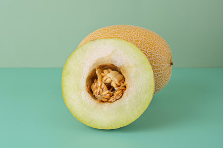 Melon de la Gaul split in half showing the seeds. yellow peel melonの写真素材