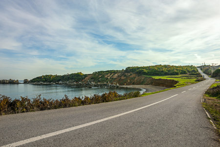 Highway along the Black Sea coast with beaches and green pasturesの写真素材