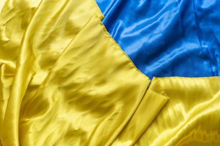 Shiny satin fabrics with the colors of the ukrainian flagの写真素材