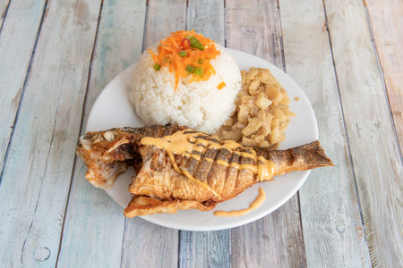 Yassa broth is a typical Gambian dish consisting of white fish served with white rice and a spicy sauce made with lemons, onion, garlic, mustard and hot peppersの写真素材