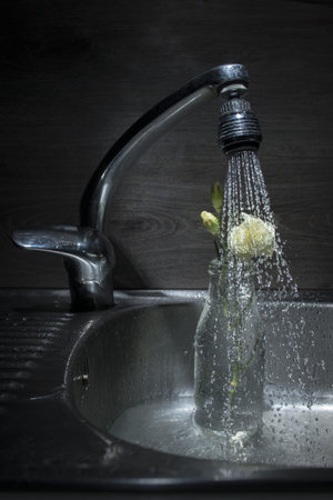 A small bottle used as a flower vase under a running tap in a stainless steel kitchen sink