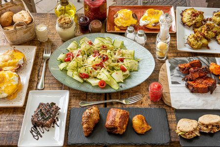 Set of typical brunch dishes with sweets, salads, eggs Benedict, yogurts and jams