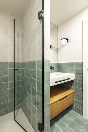 Bathroom with glass-enclosed shower cabin and wooden furniture and individual sink under a frameless...