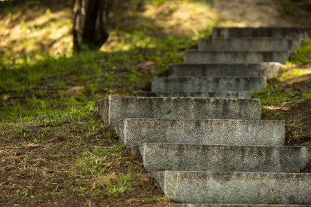 Granite staircase on the path of an urban park with grass and trees