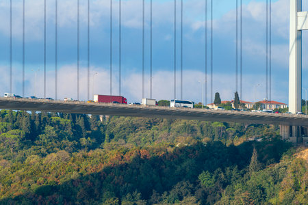 View of a section of the suspension bridge over the Bosphorus Strait, looking at the Asian sideの写真素材