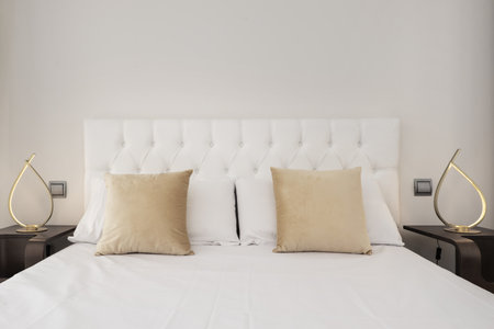 Headboard in a modern bedroom with white capitone upholsteredの写真素材