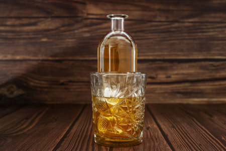 A bottle with liquor next to a carved glass filledの写真素材