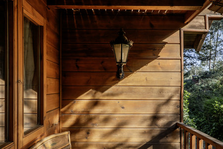 A wall of a log cabin with a black sconce lamp on the wallの写真素材