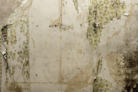 A horrible wall full of waste and dirt and some pieces of deteriorated decorative paperの写真素材
