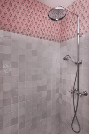 a shower cabin with tiled walls combined with decorative wallpaper and chrome tapsの写真素材