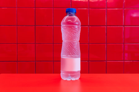A clear plastic bottle on a red tableの写真素材