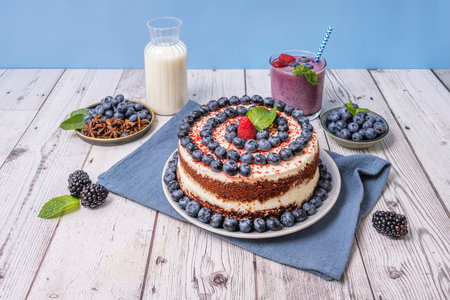 Red Velvet Cake with Blueberry Crunch: Topped with freeze-dried berries and flaked almonds toastの写真素材