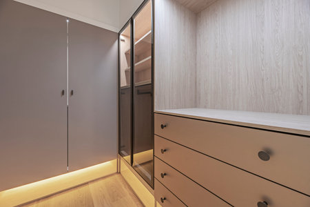 Smooth wood bookcase with folding glass doors and drawers with minimalist metal handlesの写真素材