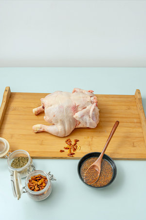 Whole raw chicken stuffed with lemon and herbs, ready for slow cooking to maintain moistureの写真素材