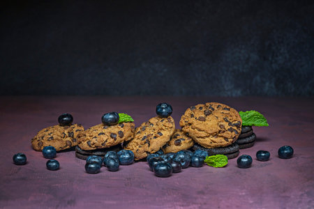 Food photography of crunchy cookies on a uniform pastel purple background