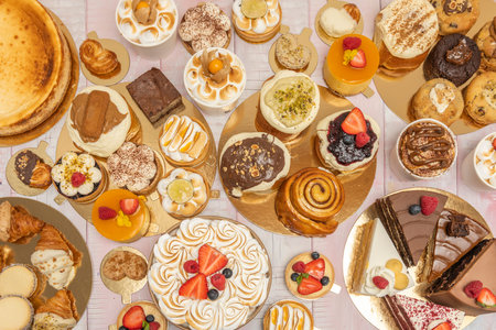 A surreal arrangement of glazed donuts with sprinkles, almond croissants, and cinnamon rolls...