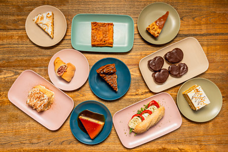 A collection of desserts on plates arranged on a wooden table