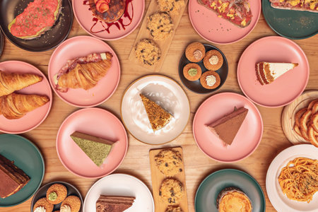 A geometric design of sliced â€‹â€‹cakes: red velvet, opera cake, and carrot cake with...