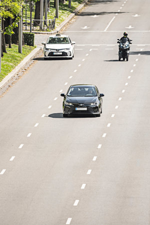 Aerial view of the light traffic on Castellana at midday in August, when Madrid empties out for the...