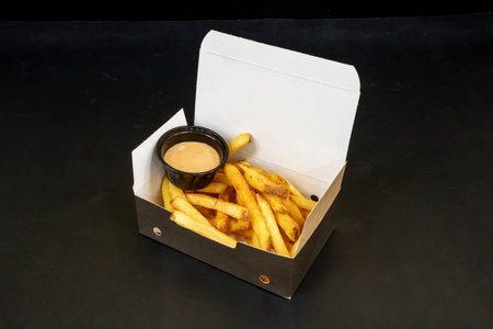 Portion of crispy skin-on fries, seasoned with black salt and served with sour cream