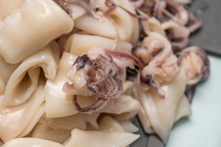 Pieces of raw squid of varying sizes are arranged on a matte gray surface, showing their pearly...