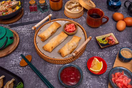 Macro photograph of a close-up of the crispy spring roll dough with frying bubbles, against a dark...