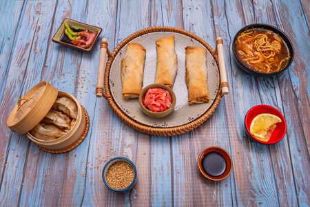 Minimalist still life with three spring rolls perfectly aligned on black marble, accompanied by bean...