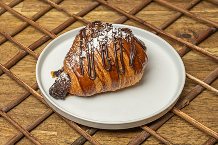 A croissant filled with hazelnut cream and sliced banana, accompanied by chocolate syrup and vanilla ice cream, a decadent dessertの写真素材