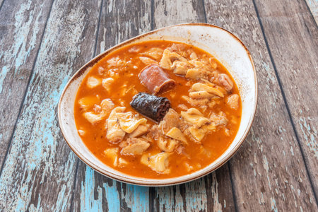 Freshly cooked Asturian fabada, where the chorizo â€‹â€‹and blood sausage have been sliced...