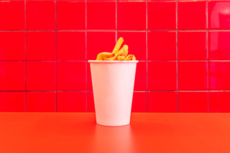 A white cup filled with fries on a red surface