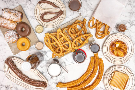 a tray laden with churros intertwined like a golden nest, their twisted tips forming perfect...