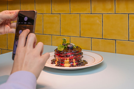 Image of a tall stack of classic pancakes, with a generous pat of butter melting on top and a steady...