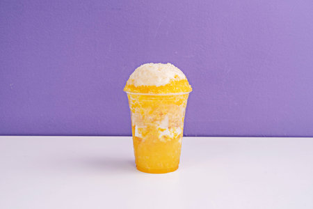 Refreshing Mango Passion Fruit Shaved Ice Dessert with Condensed Milk in Plastic Cup Against Purple Background