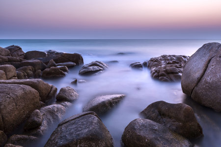 The sunset time at the one of most famous place for seascape at the eastern of Thailand, Lan-Hin-Kaow is the name of this place, Rayong province.の写真素材