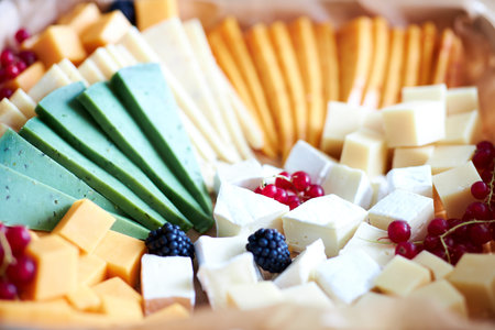 A close up of a decorated cake on a plate different cheeses