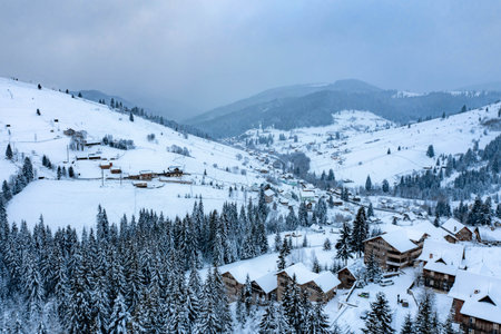 panorama of a snowy mountainous landscape in the Bukovel region during the winter, Ukraine