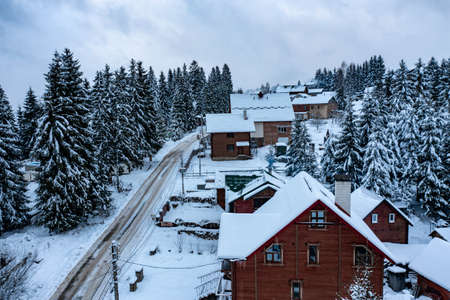 panorama of a snowy mountainous landscape in the Bukovel region during the winter, Ukraineの写真素材