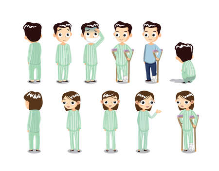 Male, female patient character illustration front, side, back view.のイラスト素材