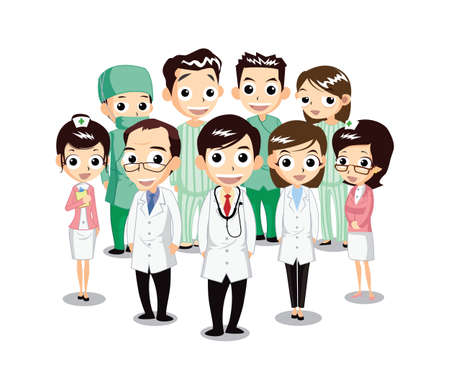 Hospital staff, medical staff, and patients standing together. Character illustration.のイラスト素材
